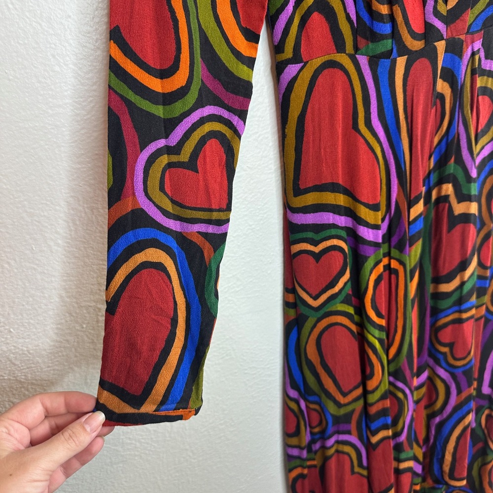 Farm Rio Rainbow Wild Hearts Maxi Dress‎ Heart Print V-Neck Long Sleeve Size XS - Picture 6 of 10